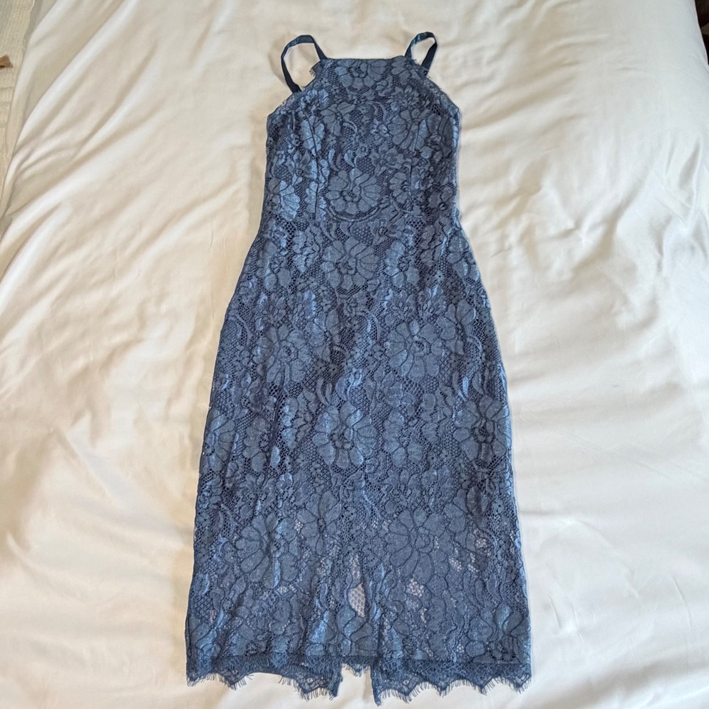 Lulus Blue Floral Lace Halter Midi Dress Open Back Ribbon Eyelash Trim Cocktail